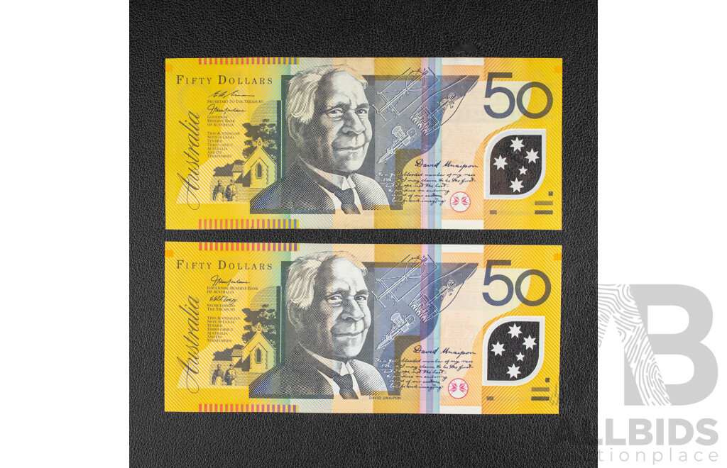 Two Australian Fifty Dollar Banknotes, 1999 Macfarlane/Evans and 2005 Macfarlane/Henry