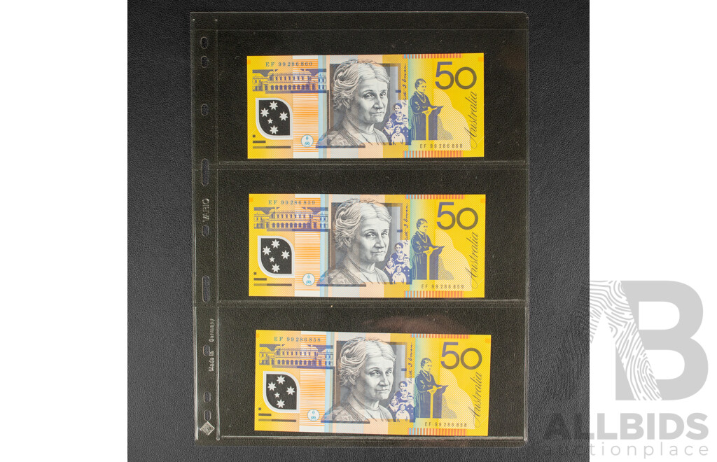 Three Australian 1999 UNC Fifty Dollar Banknotes, Macfarlane/Evans, Consecutive EF99286858 - EF99286860