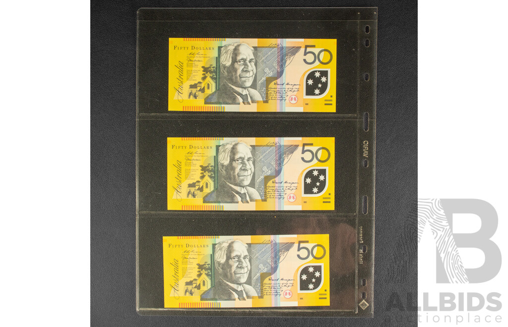 Three Australian 1999 UNC Fifty Dollar Banknotes, Macfarlane/Evans, Consecutive EF99286858 - EF99286860