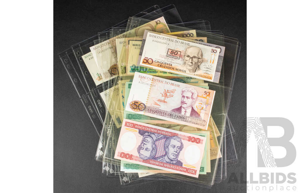 Collection of Brazilian Bank Notes, Mostly 1980's Including UNC and Overprints