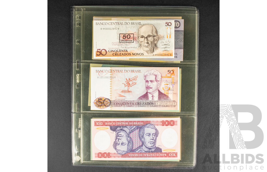 Collection of Brazilian Bank Notes, Mostly 1980's Including UNC and Overprints