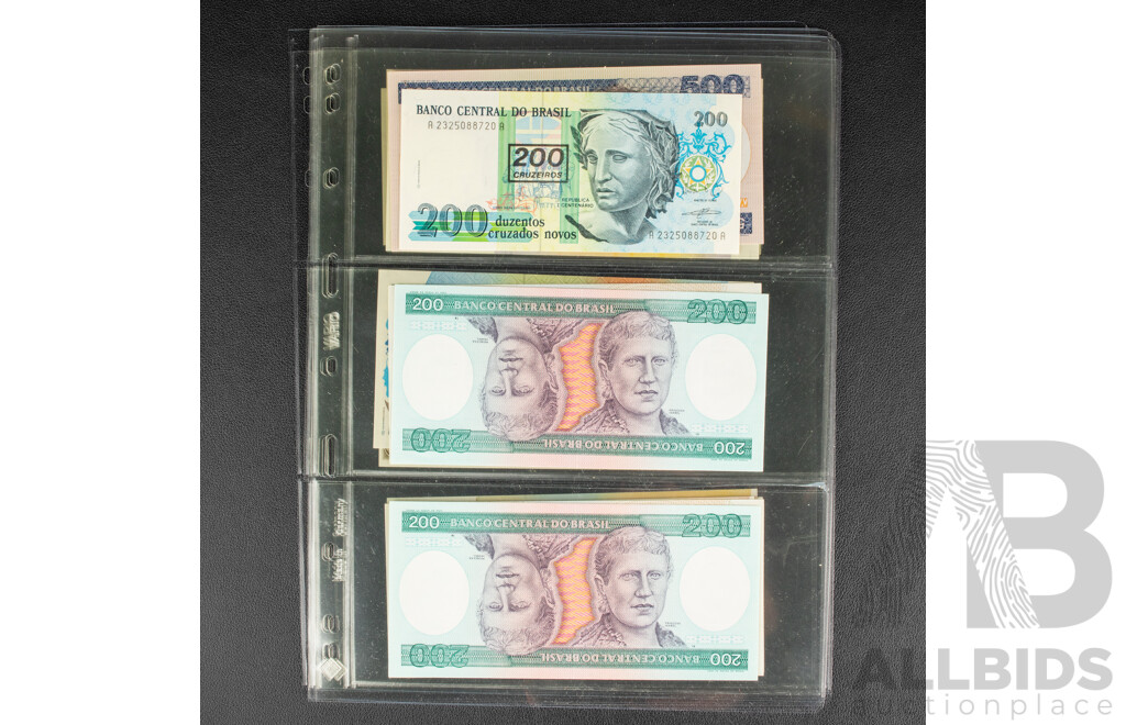 Collection of Brazilian Bank Notes, Mostly 1980's Including UNC and Overprints