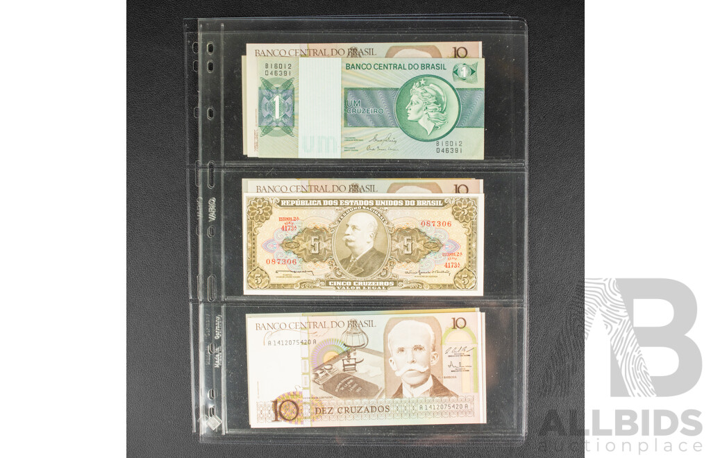 Collection of Brazilian Bank Notes, Mostly 1980's Including UNC and Overprints