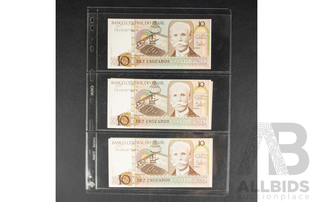 Collection of Brazilian Bank Notes, Mostly 1980's Including UNC and Overprints