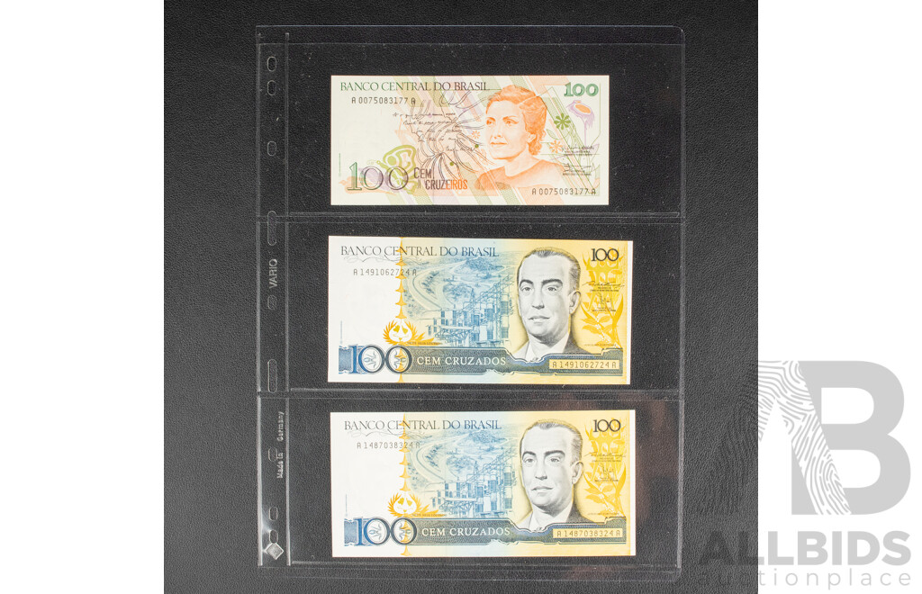 Collection of Brazilian Bank Notes, Mostly 1980's Including UNC and Overprints