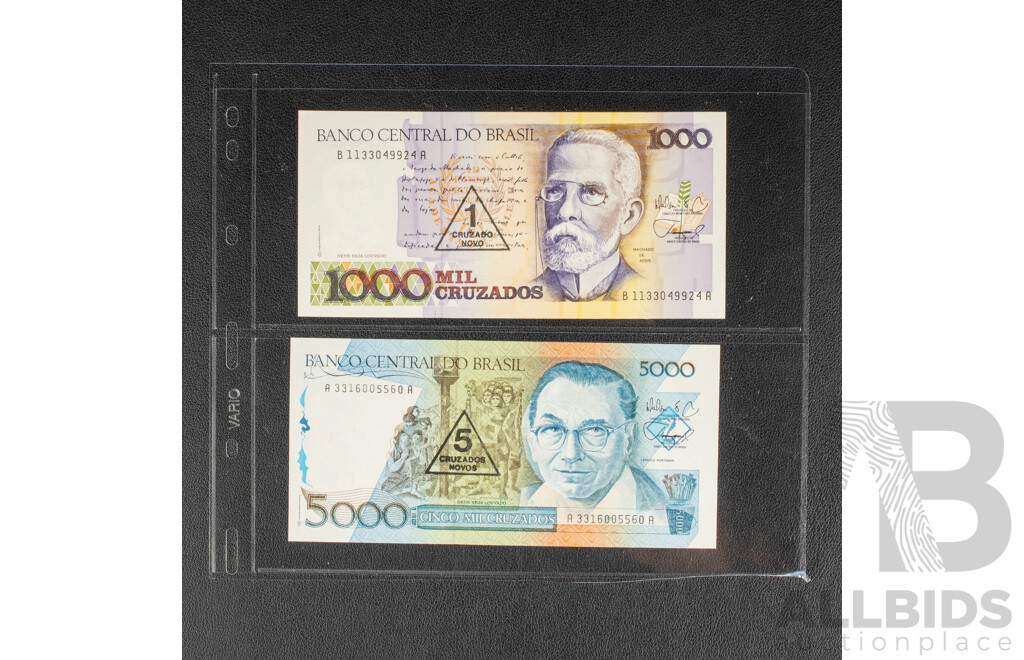 Collection of Brazilian Bank Notes, Mostly 1980's Including UNC and Overprints