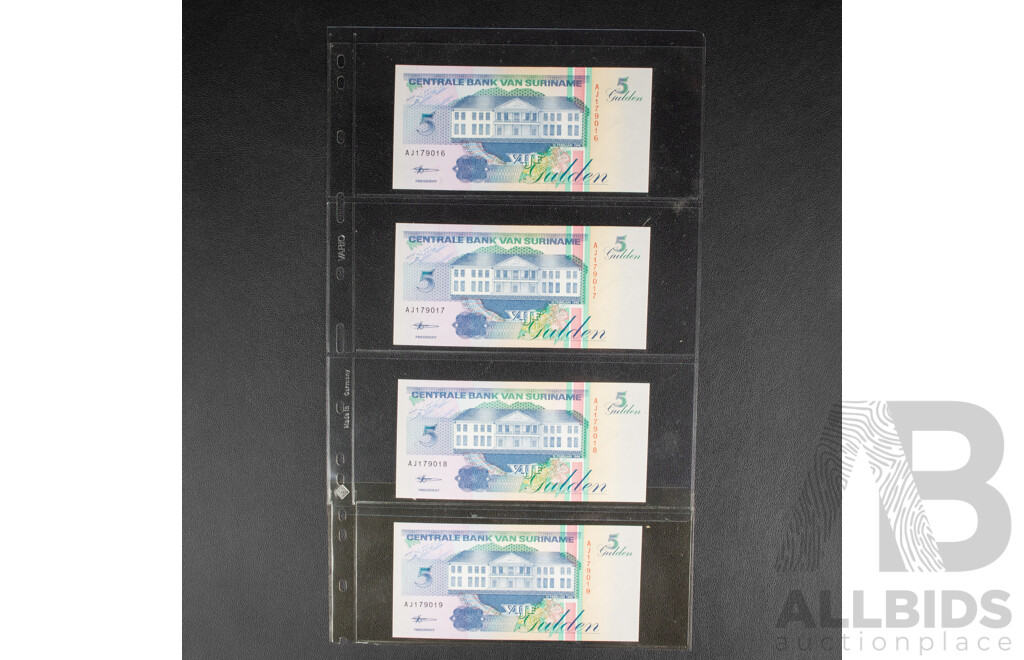 Four Suriname 1990's UNC Five Gulden Bank Notes, Consecutive AJ179016 - AJ179019