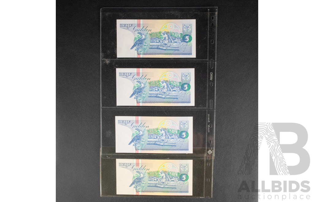Four Suriname 1990's UNC Five Gulden Bank Notes, Consecutive AJ179016 - AJ179019