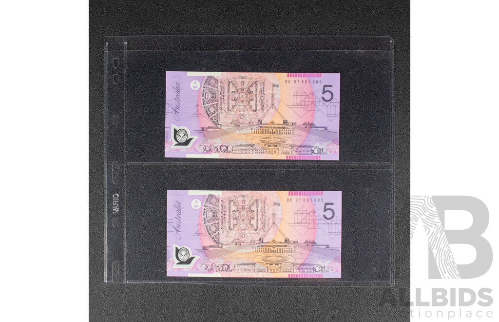 Two Australian 1997 UNC Five Dollar Banknotes, Macfarlane/Evans, Consecutive BK97881885 - BK97881886