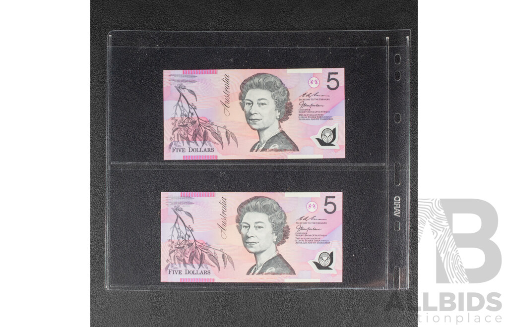 Two Australian 1997 UNC Five Dollar Banknotes, Macfarlane/Evans, Consecutive BK97881885 - BK97881886