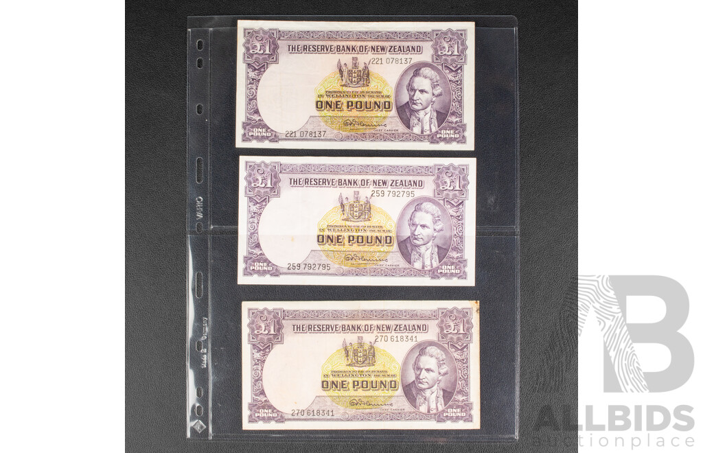 Three New Zealand One Pound Banknotes