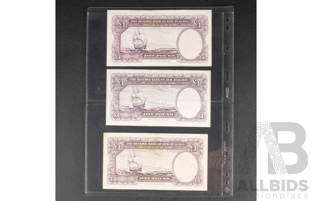 Three New Zealand One Pound Banknotes