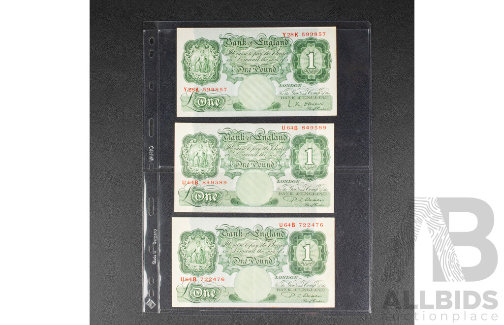 Three Bank of England One Pound Notes, P.S. Beale(2) and L.K O'Brian