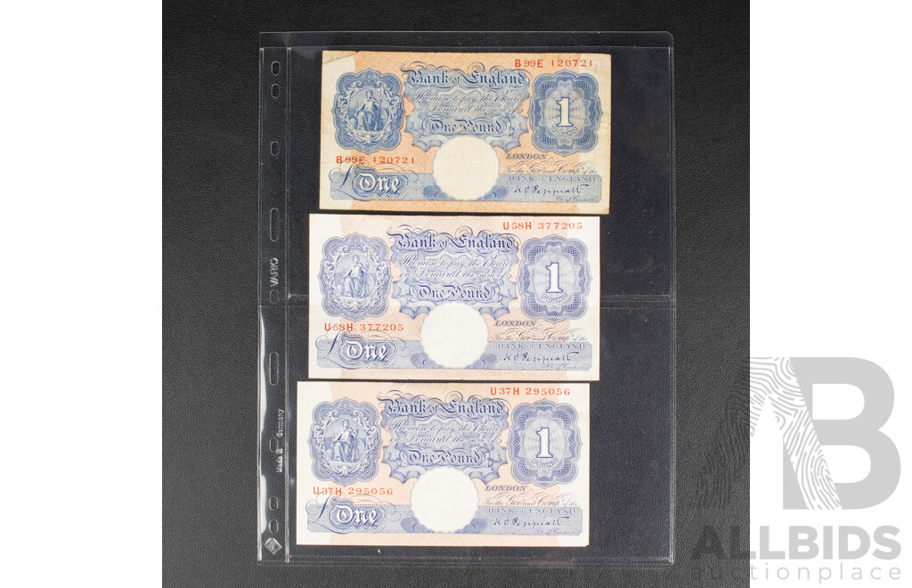 Three Bank of England 1940-1948 One Pound World War Two Emergency Banknotes