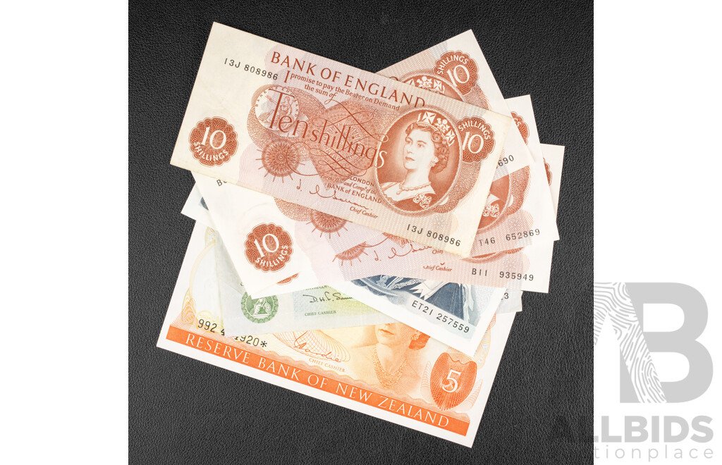 Collection of Queen Elizabeth II Bank Notes Including Bank of England Five and One Pounds, Ten Shillings(4) New Zealand Five Dollars