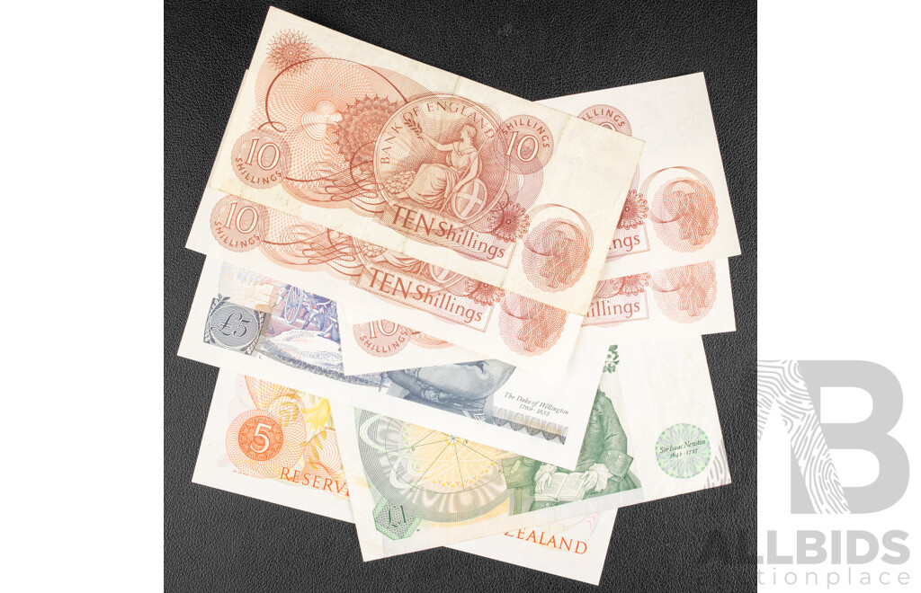 Collection of Queen Elizabeth II Bank Notes Including Bank of England Five and One Pounds, Ten Shillings(4) New Zealand Five Dollars