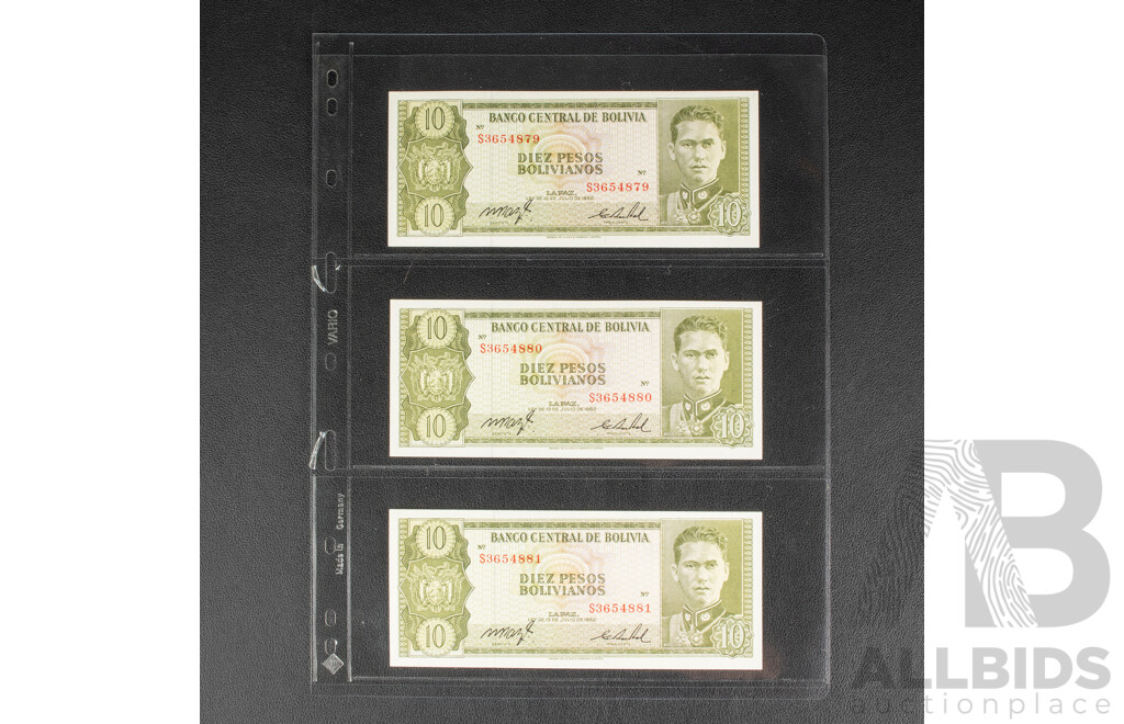 Three Bolivia 1962 UNC Banknotes, Consecutive S3654879 - S3654881