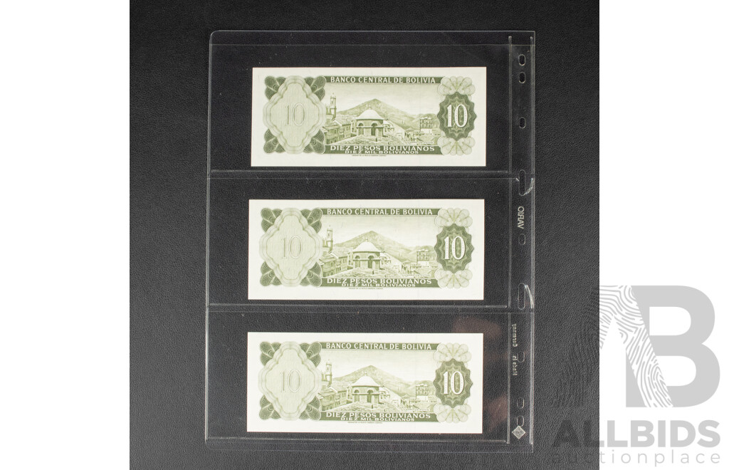Three Bolivia 1962 UNC Banknotes, Consecutive S3654879 - S3654881