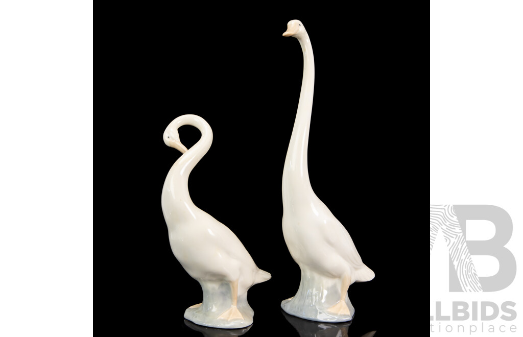 Pair of Large Porcelain Preening Swan Figures by Nao for Lladró