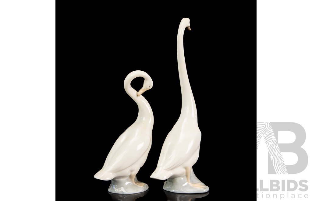 Pair of Large Porcelain Preening Swan Figures by Nao for Lladró