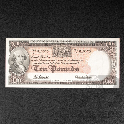 Australian 1960 Ten Pound Note, R63 Coombs/Wilson WA 59 019373