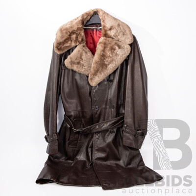 Men's Kriegsmarine Brown Leather Fur Collar Deck Jacket Pea Coat