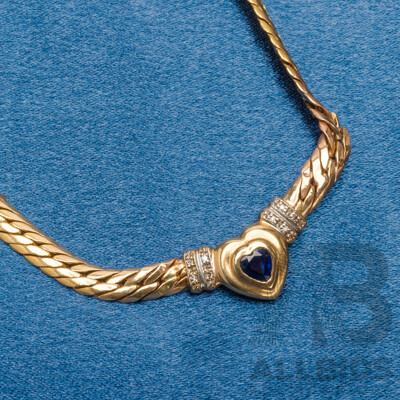 14ct Yellow Gold Curb Link Necklace with Diamonds and Blue Sapphire - 12.67gms