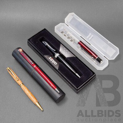 Collection of Pens, Zippo, Mercedes-Benz, LED Light Pen & Wood - Lot of 4