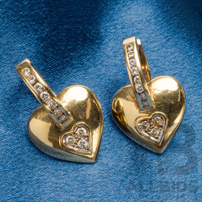 14ct Yellow Gold Heart and Diamond Earrings - 7.69gms