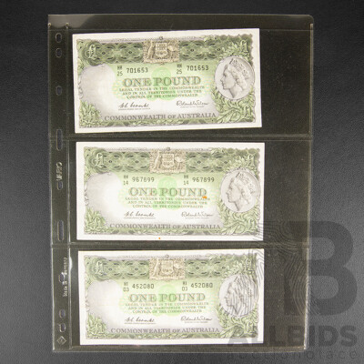 Three Australian 1961 One Pound Notes, R34 Coombs/Wilson