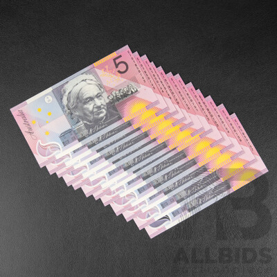 Twelve Australian 2001 UNC Five Dollar Notes, MacFarlane/Evans, Semi Consecutive EI 01850742 - EI 01850757 (Lacking 745, 746, 747, 755)
