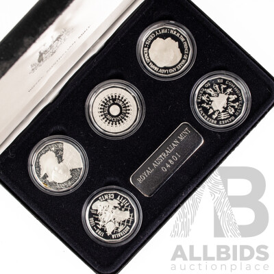 Australian RAM Masterpieces in Silver, Five Silver Commemorative Fifty Cent Coins, 1970, 1977, 1981, 1982 1989 .925