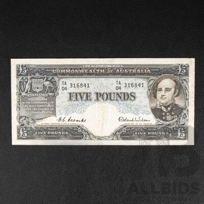 Australian 1954 Five Pound Note, R49 Coombs/Wilson, TA 04 316841