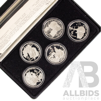 Australian 1995 Masterpieces in Silver Five Silver Proof Five Dollar Coins, Colonial Australia .925