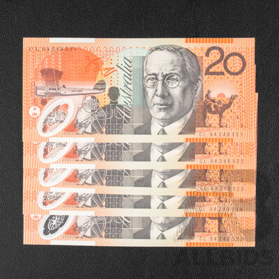 Five Australian 1994 UNC Twenty Dollar Notes, Fraser/Evans, Consecutive CL94249521 - CL94249525