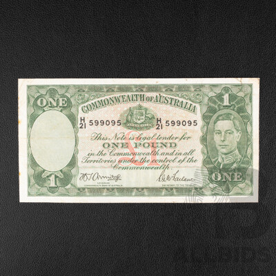 Australian 1942 One Pound Note, R30 Armitage/McFarlane, H21 599095