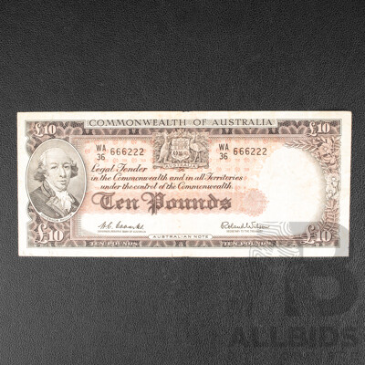 Australian 1960 Ten Pound Note, R63 Coombs/Wilson, WA 36 666222