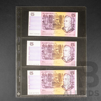 Three Australian 1991 Five Dollar Notes, R213, Fraser/Cole