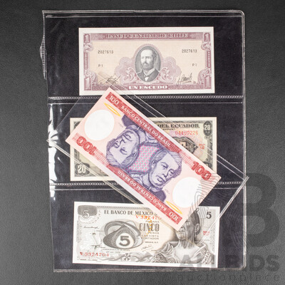 Four Vintage South American Bank Notes Including Mexico 1972 Five Pesos, Ecuador 1980 Twenty Sucres, Chile One Escudo, Brazil One Hundred Cruzeiros