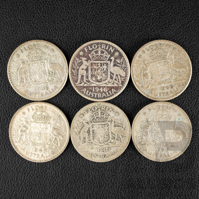 Six Australian KGVI Silver Florins Including Three 1946 and Three 1947  .500