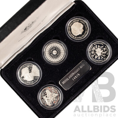 Australian RAM Masterpieces in Silver, Five Silver Commemorative Fifty Cent Coins, 1970, 1977, 1981, 1982 1989 .925