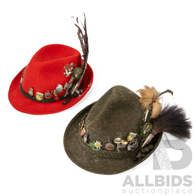 Pair of Vintage German Tyrolean Hats with Original Pins and Feathers