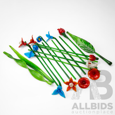 Collection of 13 Glass Faux Flowers with Three Pieces of Foliage