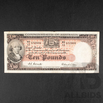 Australian 1954 Ten Pound Note, R62 Coombs/Wilson, WA 13 572999