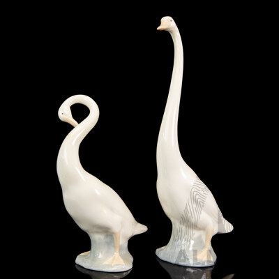 Pair of Large Porcelain Preening Swan Figures by Nao for Lladró
