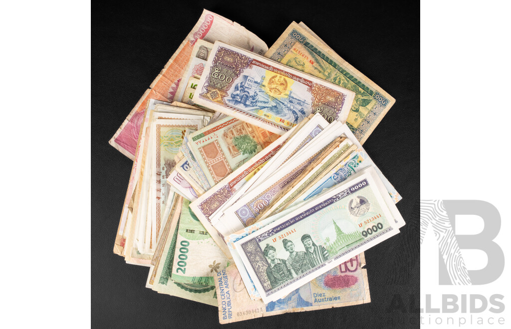 Collection of Vintage International Banknotes Including Argentina, Cambodia, Bahrain, China, Cyprus, Netherlands, Germany, Egypt, Budapest, Iran, Israel, Indonesia, Italy Korea, Laos, Philippines, Samoa, Vietnam and More