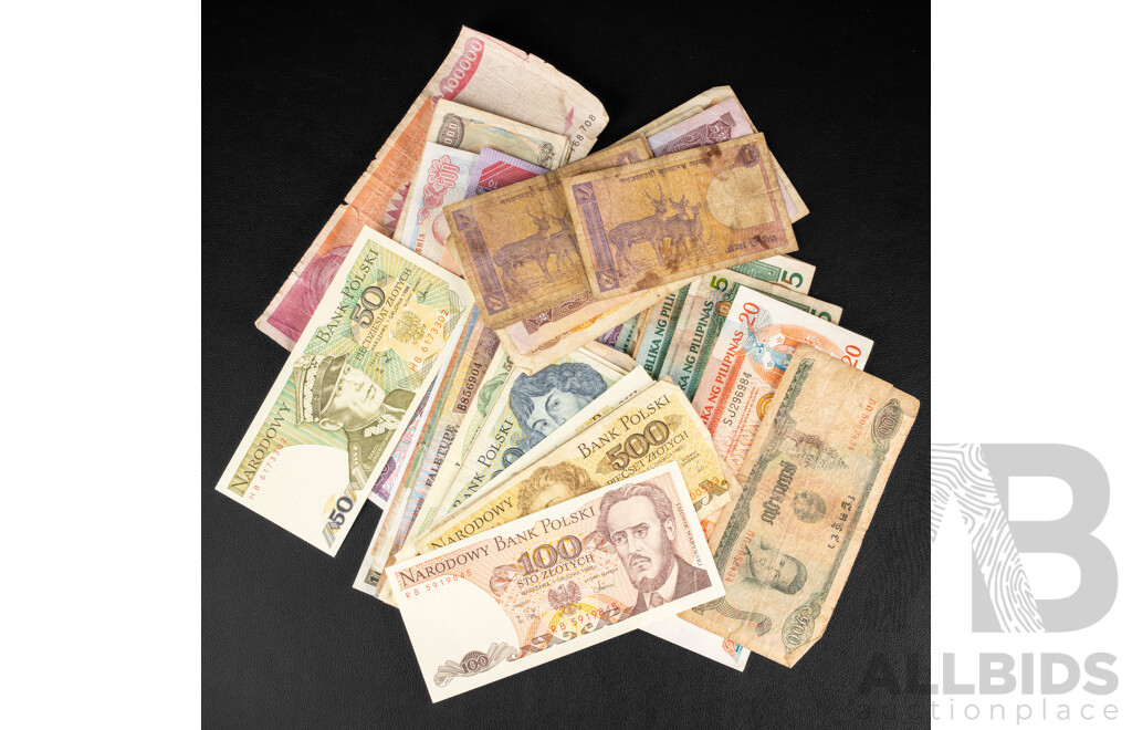 Collection of Vintage International Banknotes Including Argentina, Cambodia, Bahrain, China, Cyprus, Netherlands, Germany, Egypt, Budapest, Iran, Israel, Indonesia, Italy Korea, Laos, Philippines, Samoa, Vietnam and More