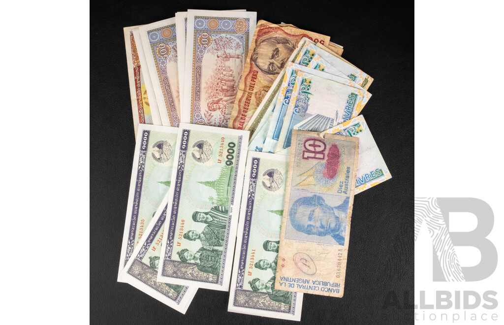Collection of Vintage International Banknotes Including Argentina, Cambodia, Bahrain, China, Cyprus, Netherlands, Germany, Egypt, Budapest, Iran, Israel, Indonesia, Italy Korea, Laos, Philippines, Samoa, Vietnam and More