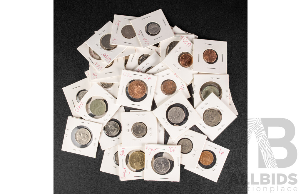Collection of International Coins Including Hungary, Ireland, Italy, Japan, Fiji, Hong Kong, Euro, Canada, Malaysia, New Zealand, Sri Lanka, Thailand,,United Kingdom, USA, UAE and More