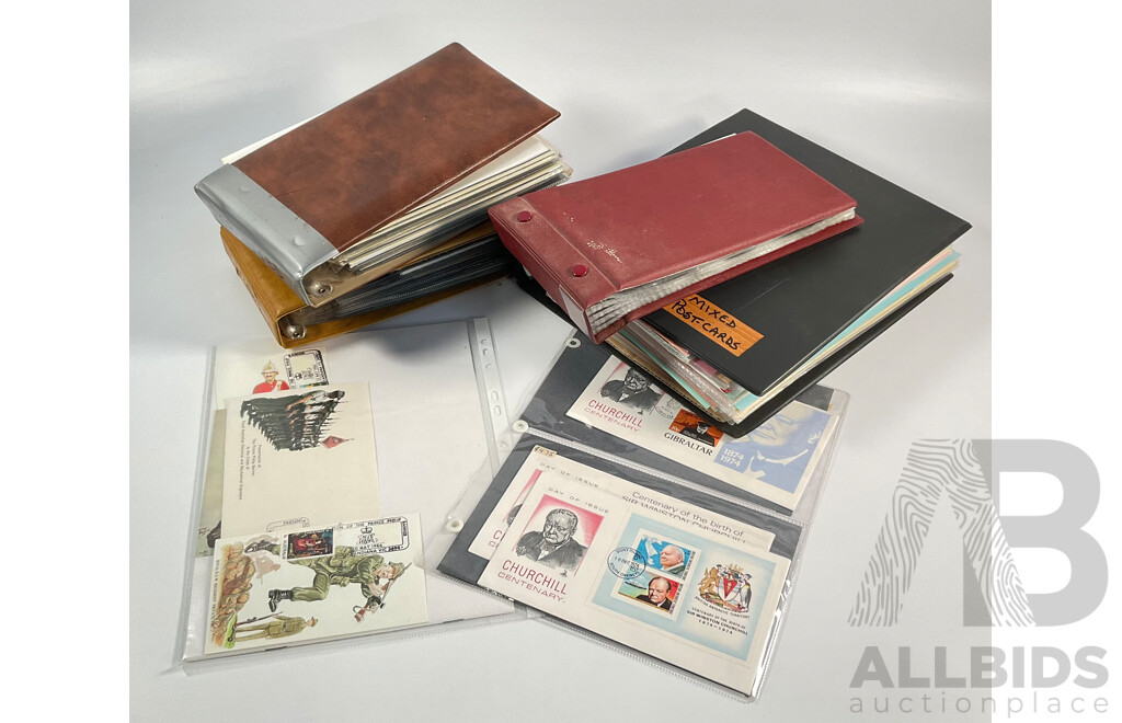 Four Albums of International Post Cards and First Day Cover Including Australia, Holland, USA, Shanghai, Scotland, Gibraltar, Germany, New Zealand, Japan Denmark, Fiji, Thailand